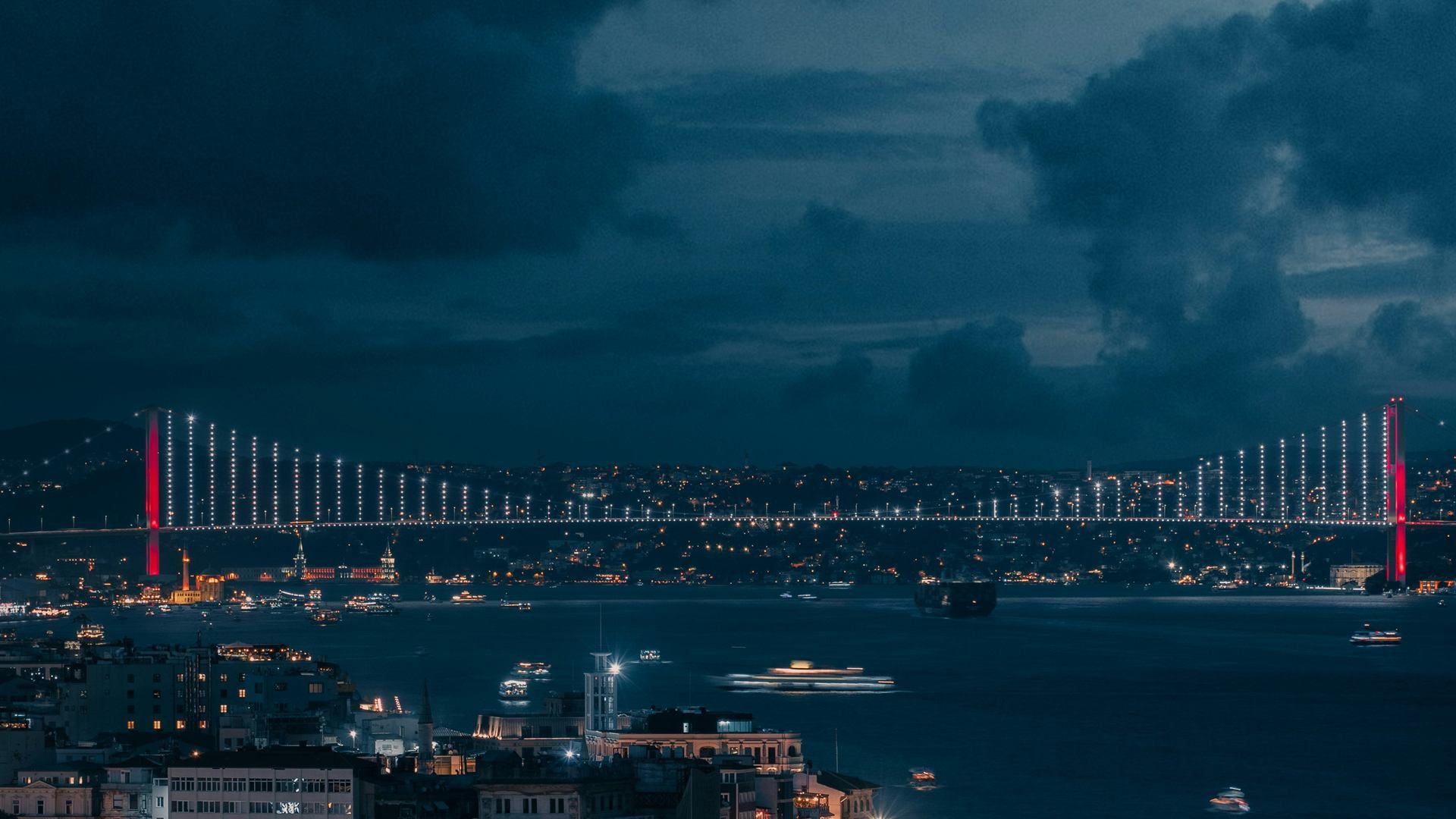 Aerial night view of the Bosphorus Bridge connecting Istanbul's two continents