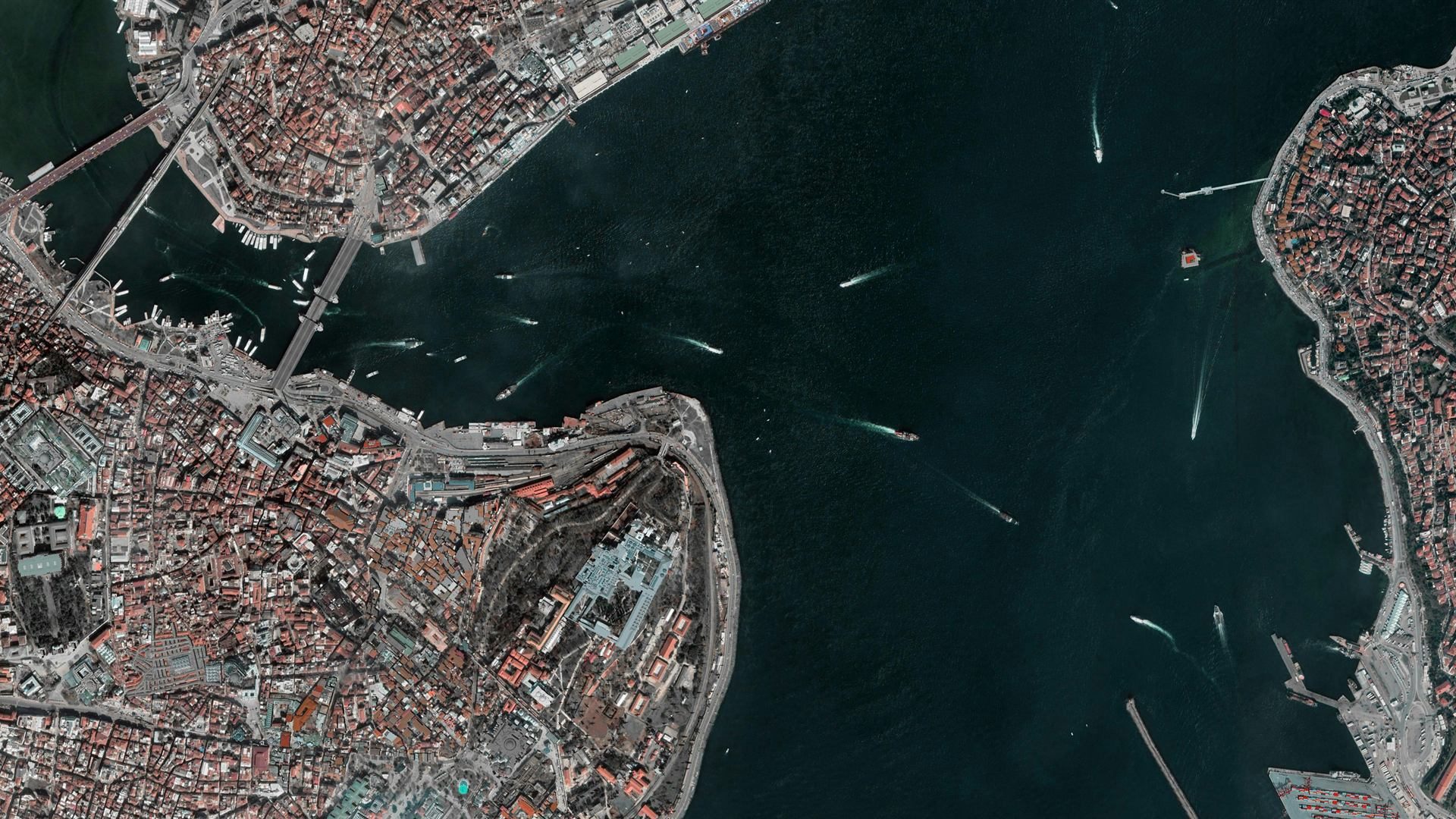 Aerial view of the Bosphorus strait and Istanbul skyline