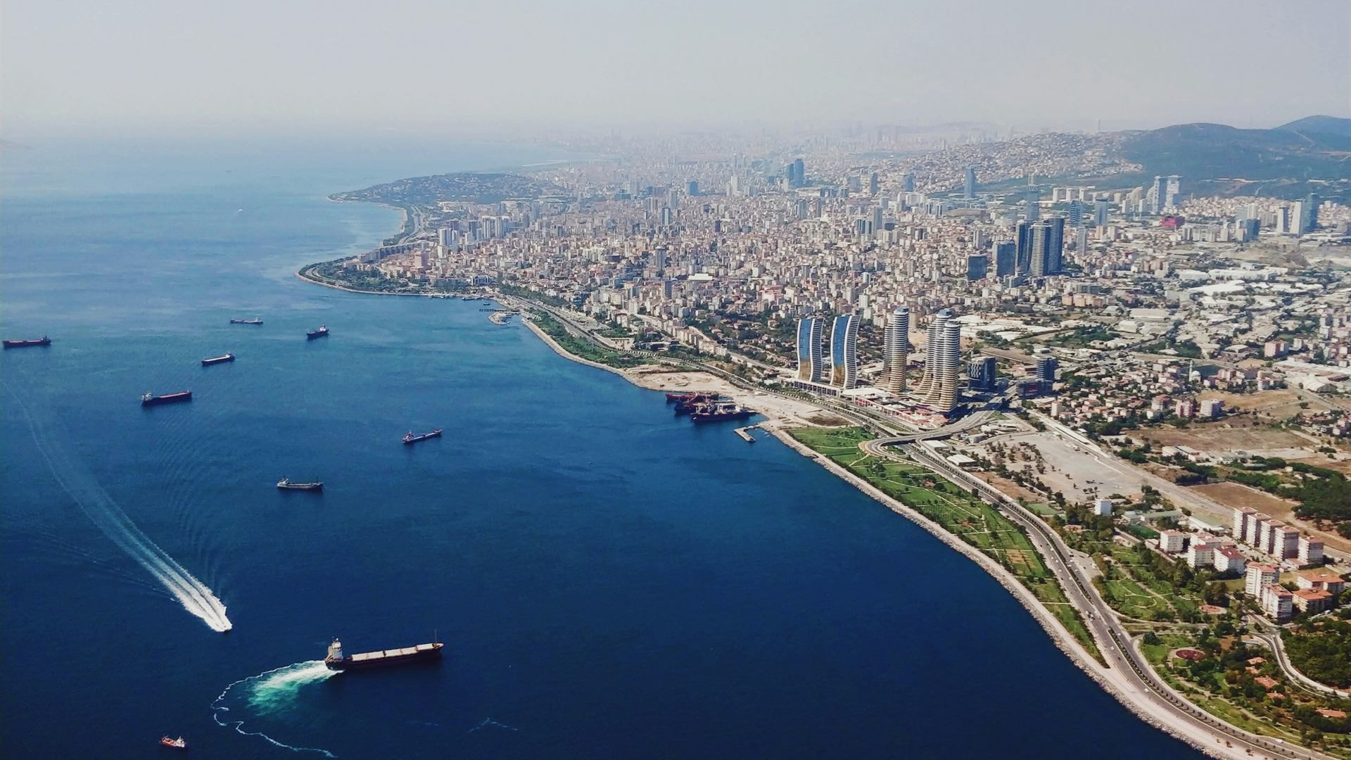 Aerial view of the Bosphorus strait and Istanbul coastline with cargo ships