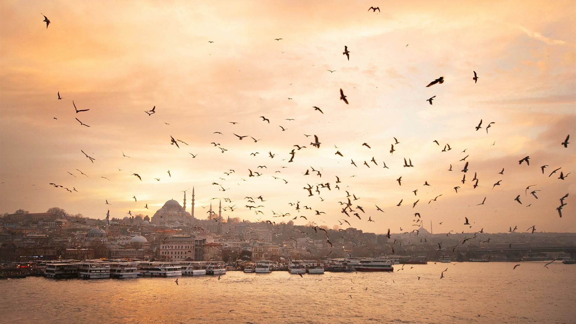 Süleymaniye Mosque skyline at sunset over the Bosphorus in Istanbul
